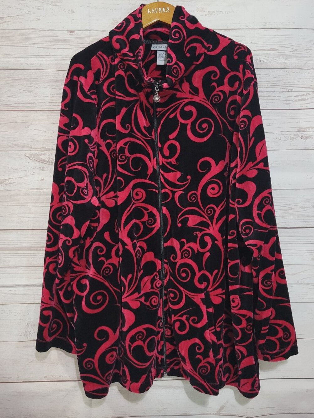 Catherines Velvet Velour Jacket Womens 3X Black Red Swirl Full Zip Whimsigoth